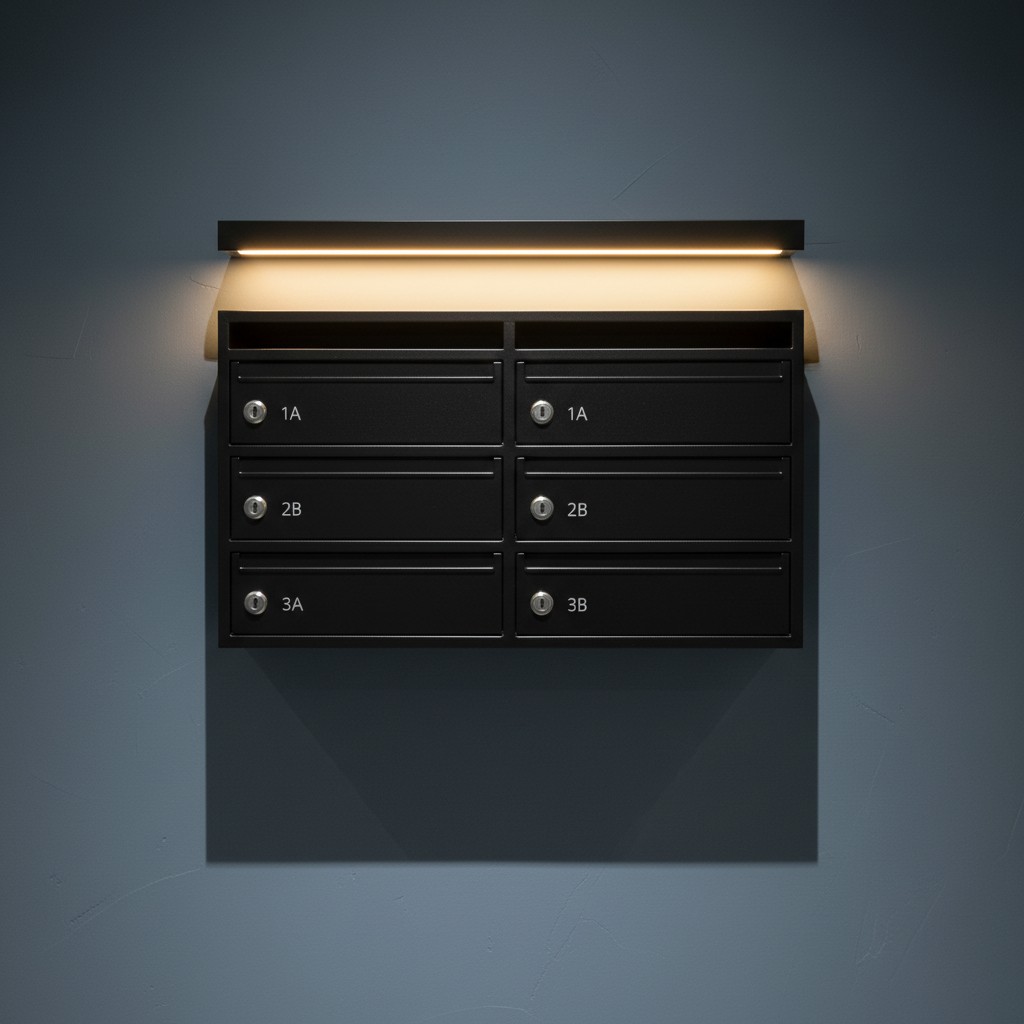 An illuminated mail unit with mailboxes in a dark grey wall setting.