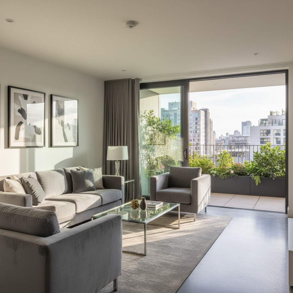 View of a modern living room with a balcony and city view through floor-to-ceiling windows, featuring light gray furniture...