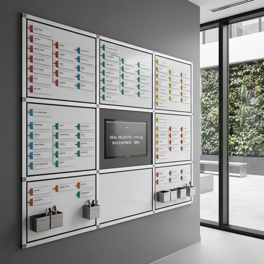 business slide display in a sleek, modern office waiting area.