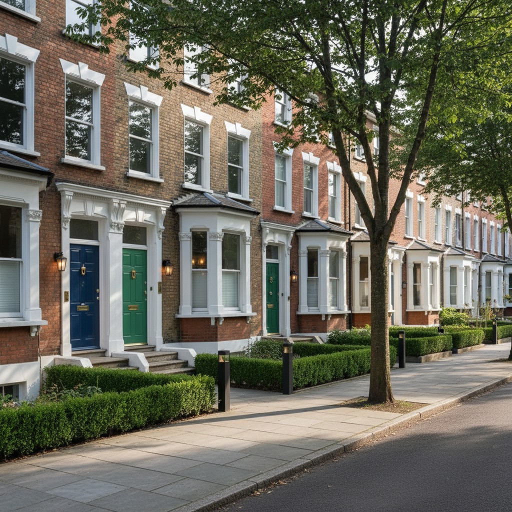 The image shows a row of brick townhouses in an affluent neighborhood, with manicured hedges lining the sidewalk.
