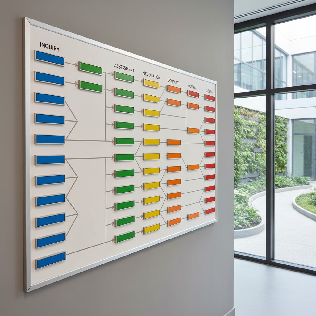 A large chart illustrating the phases of a business inquiry, displayed on a wall in a commercial office building.