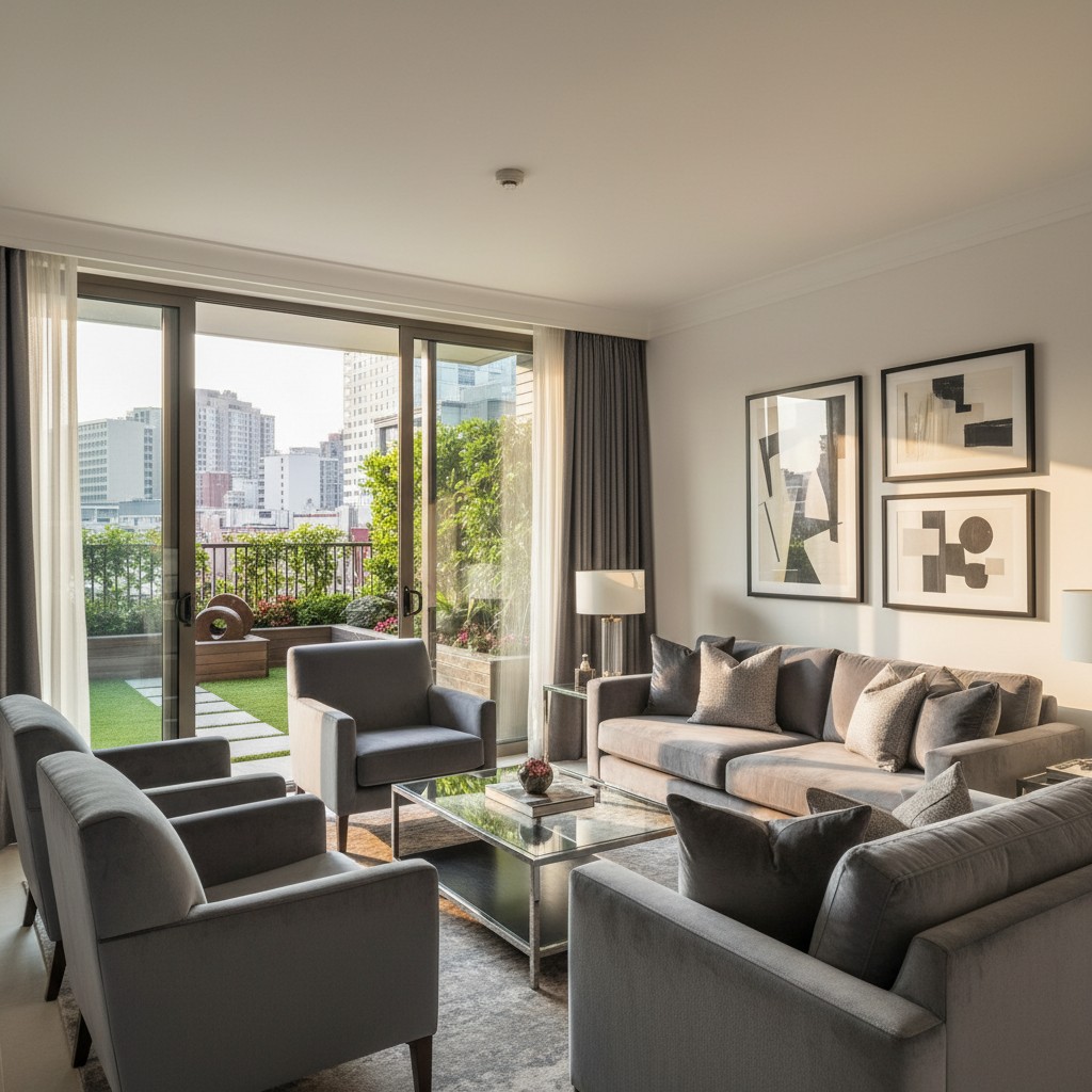 A modern living room with a balcony view of a cityscape. The room features gray furniture, including couches and chairs, a...