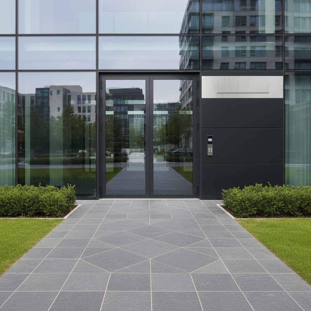 Modern glass door entryway to a commercial building. The entrance features dark glass, a black walkway, grey tile flooring...